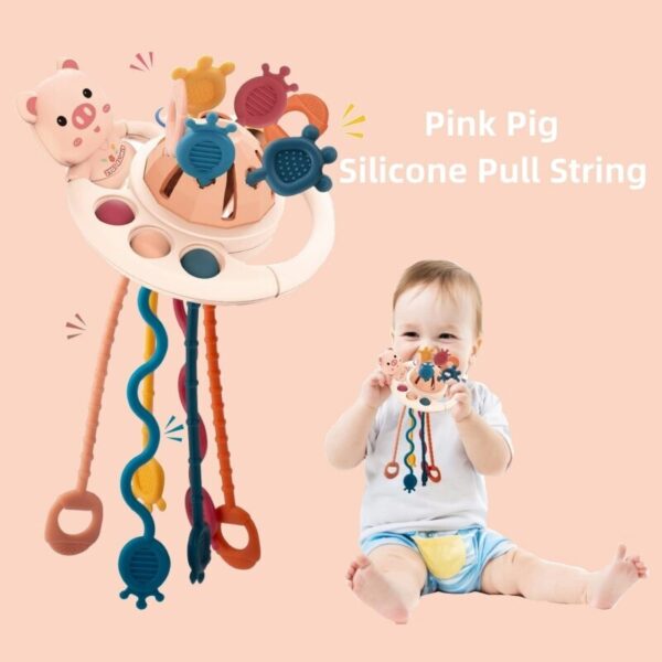 5 IN 1 Pink Pig Silicone Pull String Baby Develop Teething Montessori Sensory Educational Toy Travel Toys For Stroller - Image 2