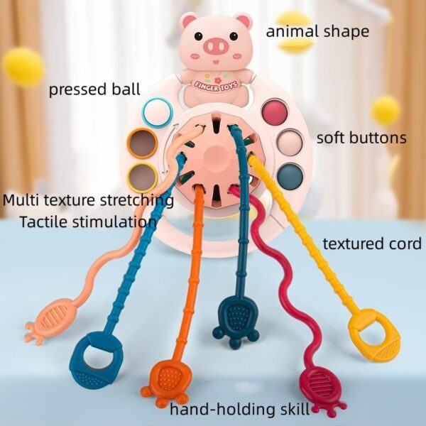 5 IN 1 Pink Pig Silicone Pull String Baby Develop Teething Montessori Sensory Educational Toy Travel Toys For Stroller - Image 3