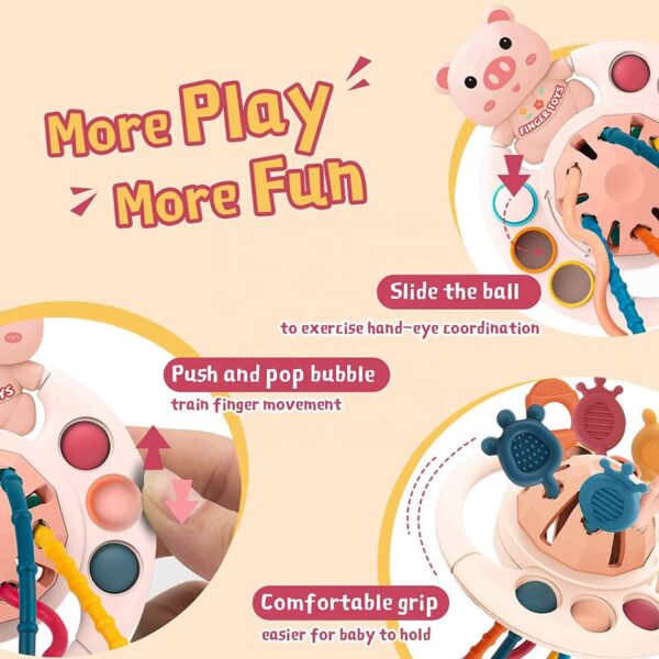 5 IN 1 Pink Pig Silicone Pull String Baby Develop Teething Montessori Sensory Educational Toy Travel Toys For Stroller - Image 4