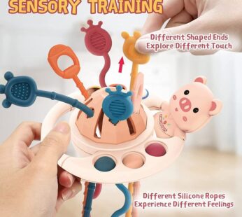 5 IN 1 Pink Pig Silicone Pull String Baby Develop Teething Montessori Sensory Educational Toy Travel Toys For Stroller