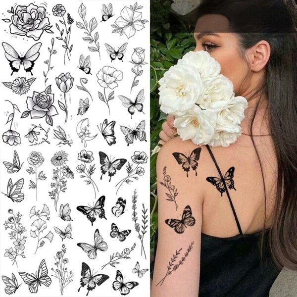 Black Flower Tattoo Sketch Tattoo Sticker Rose Blossom Tattoo Temporary Waterproof Fake Tattoo For Woman Art Tatoo Sticker - Image 2